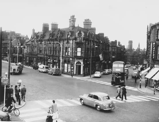 The junction of Woodhouse lane and Cookridge Street in June 1958.