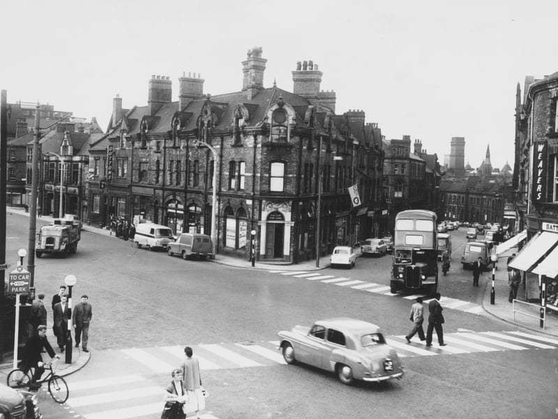 The junction of Woodhouse lane and Cookridge Street in June 1958.