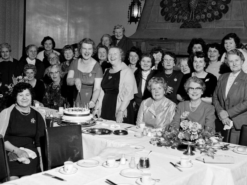 The Merchiston Townswomen Guild hold a birthday party in the Peacock Hotel in 1963.