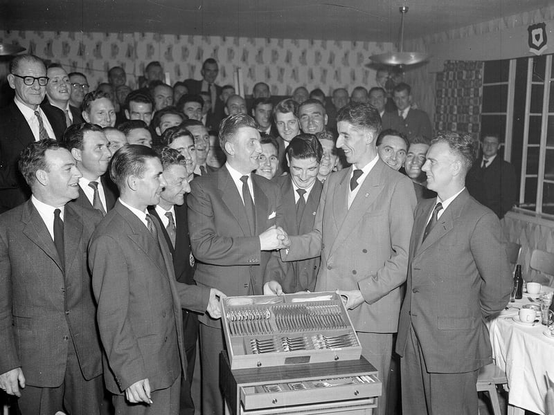 Merchiston Hearts Supporters Club present a cutlery set to Bobby Parker in September 1958.