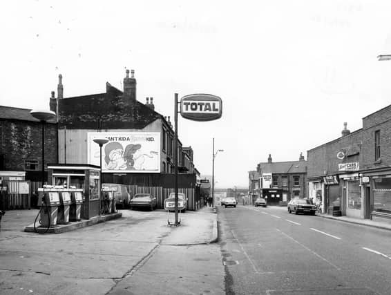 Looking north-west along Domestic Street in February 1980 towards the railway viaduct in the distance.