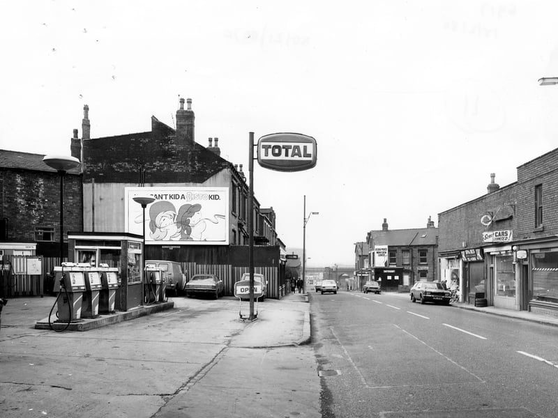 Looking north-west along Domestic Street in February 1980 towards the railway viaduct in the distance.