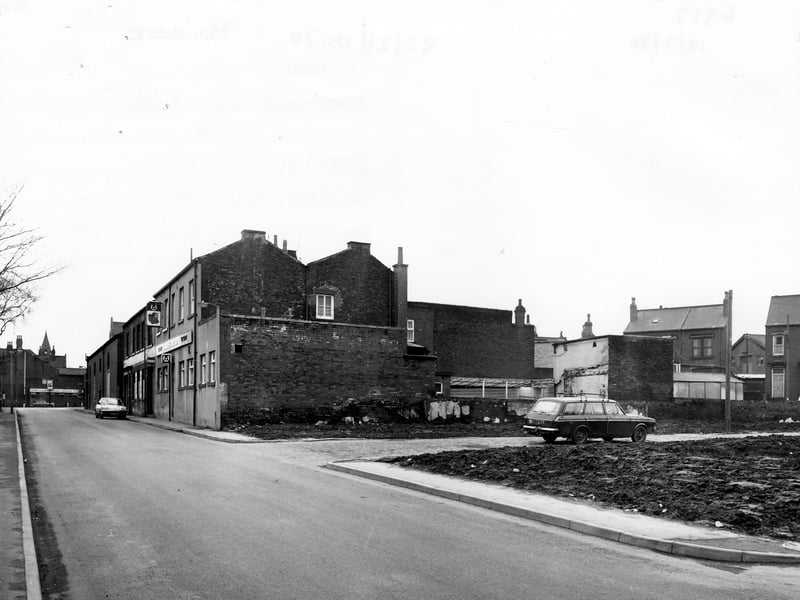 St. Matthew's Street showing the junction with Pleasant Mount in February 1980. The Bull's Head public house can be seen in the centre. In the foreground is an area of land where houses have been demolished.