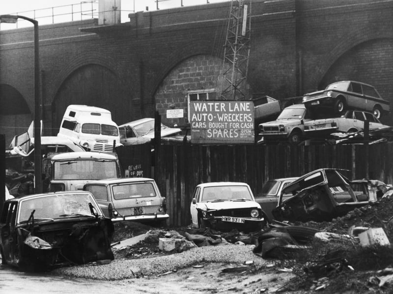 A scrap car yard near the junction of Bath Road and Water Lane in March 1981.