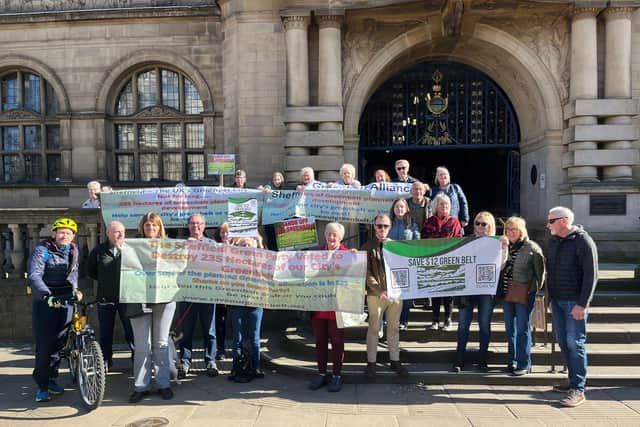 Greenbelt protesters on the steps of Sheffield Town Hall on March 6, 2026.
