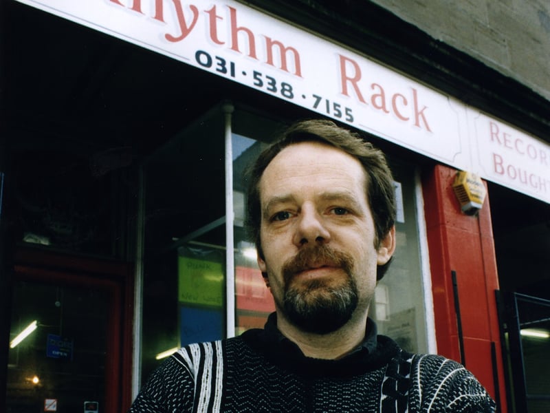 Ian Black outside his Rhythm Rack record shop on Morrison Street, Edinburgh, in 1996