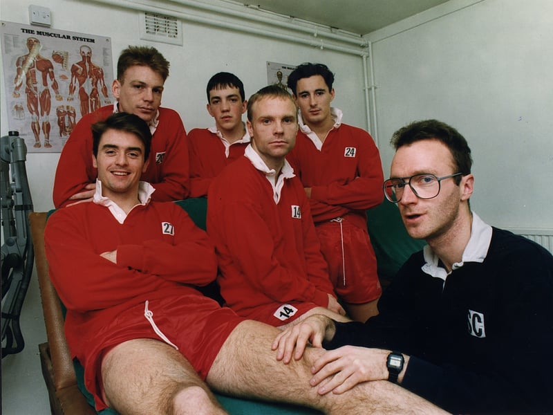 Stuart Collie, physio at Hibs FC, pictured with players in 1996