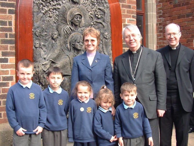 St Wulstan's RC Primary School headteacher Sharon Scholey with Bishop Patrick O'Donohue and Fr Adrian Towers with some of the school children at the blessing of the statue 