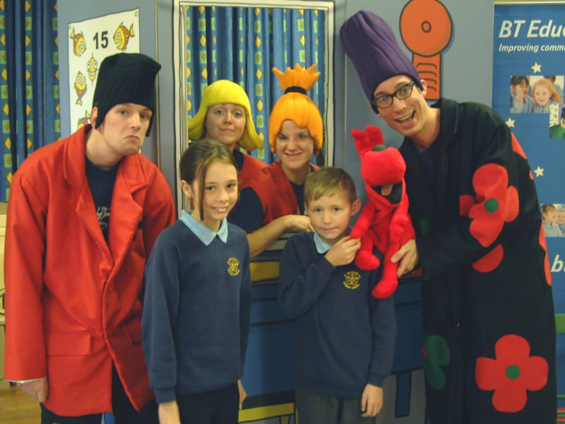 St Wulstan's RC Primary School  pupils Holly Bailey and Christopher Coxall with the BT Education Programme team - (from left) Darren McKeown, Kate Fisher, Hayli Clifton and Andy Summers.