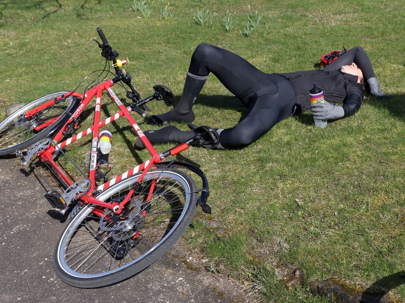 Here is Greg James lying down in Great Broughton on March 18, after cycling up a steep hill.
