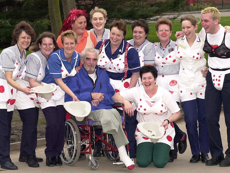 Patient John Roberts with Sister Bev Vaughan and her staff at the Kingsclere Rehabilitation Centre at St Mary's Hospital in Portsmouth as they all worked together to raise money for Comic Relief in 2001