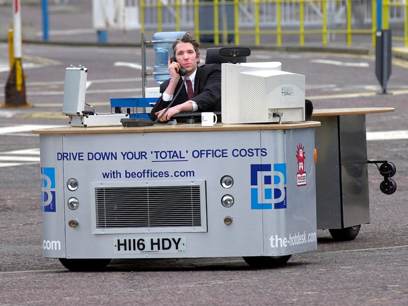 Edd China arrives at Portsmouth Ferry Port in his drivable office, en route to Cannes from London for Comic Relief in 2003