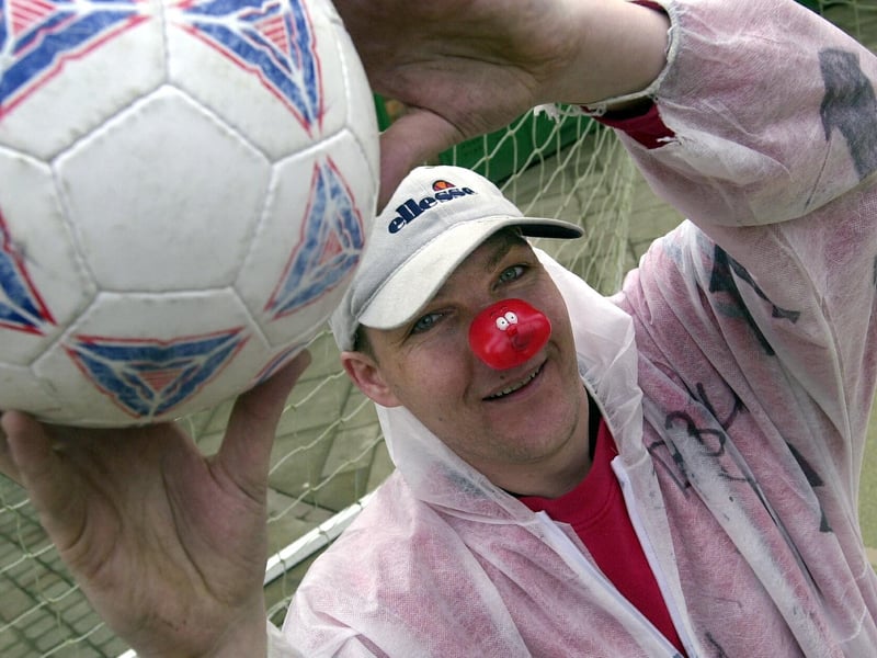 Stephen Brennan, 31, takes part in the Dickenson Bail Hostels sponsored penalty shoot out for Comic Relief in Fareham high street in 2005