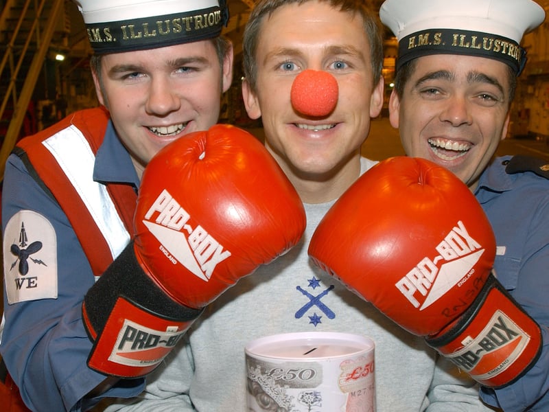 From left, ET(WE) Andrew Barrie, 20, from Middlesbrough, LPTI Kev Green, 29, from Edinburgh, centre and AET Nathan Daubney, 26, from Lincoln, who took part in a navy bosing contest for Comic Relief in 2007 