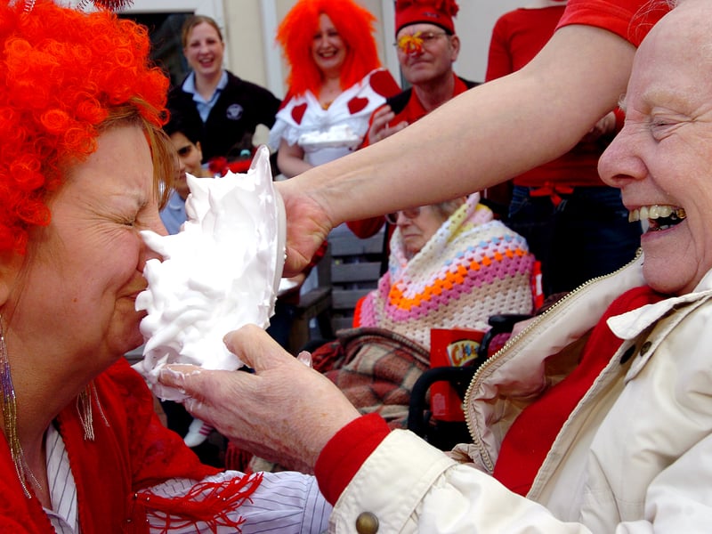 Sally Blakey, 77, who lived at the Regency Nursing Home in St Helen's Parade, Southsea throws a custard pie into the face of Matron Hazel Adeoye for Comic Relief in 2005)