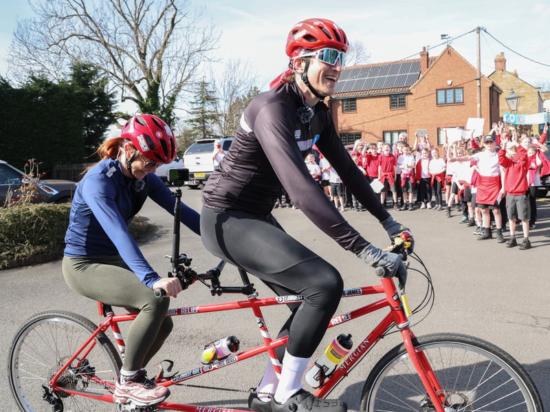 Arielle Free and Greg James set off from a pit stop during the Radio 1 Longest Ride challenge for Comic Relief. 