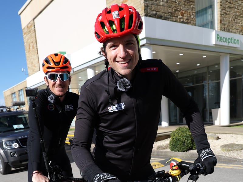 Greg James and Geraint Thomas set off from pit stop  in Doncaster.