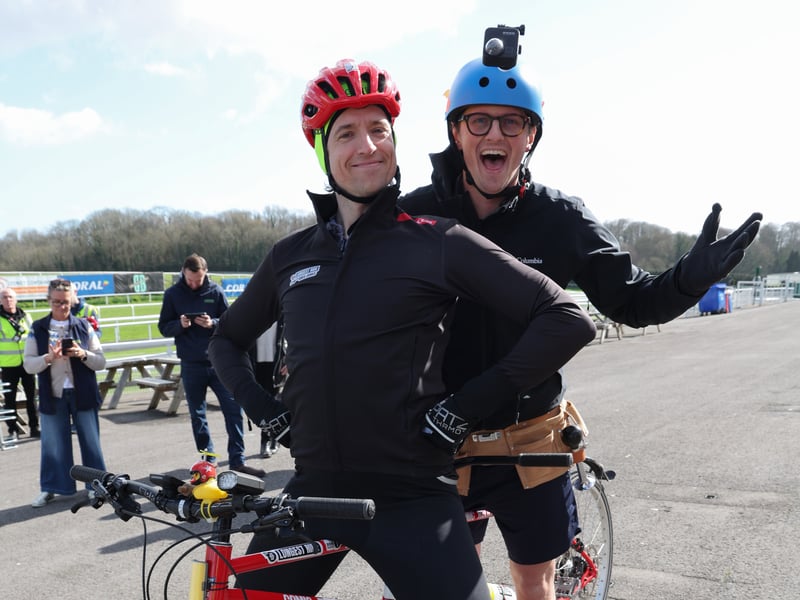 Greg James and Max Fosh at pit stop one at Chepstow Racecourse, Wales.