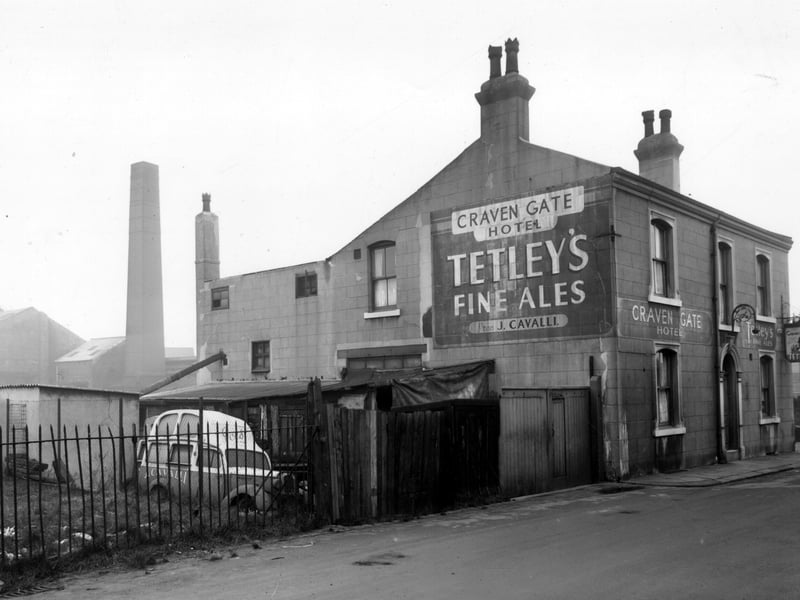 The side of the Craven Gate Hotel, a Tetley's beerhouse, pictured in December 1958. On the left of the hotel a van is marked J. Cavalli, this is the same person who was proprietor of the pub. In the distance is the corporation yard chimney.