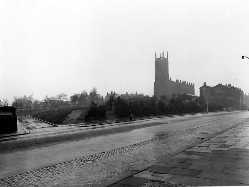 New York Road in November 1949 .This view looks north east from Quarry Hill side towards St Mary's church in background.