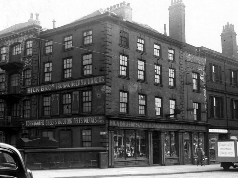 Premises of Hick Brothers, ironmongers and tinners, at 17 - 19 Bridge End at Leeds Bridge. Pictured in November 1949.