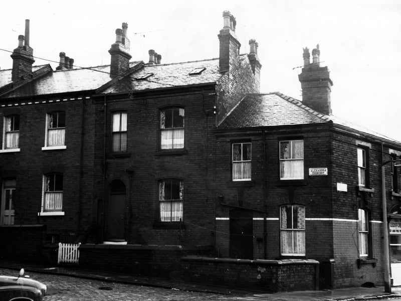 A row of terraced houses on Alexandra Crescent with small yards built on a slope. Empty washing lines are visible stretched across the yards. On the far right is Alexandra Road. Pictured in December 1972.