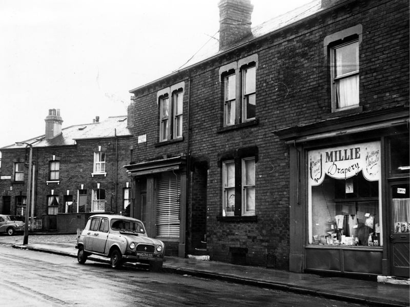 Alexandra Road in December 1972. In the background on the left can be seen Hartwell Terrace, the rear entrances and yards of a row of through terraced houses fronting onto Hartwell Road.