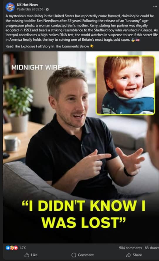 A Facebook page, titled 'UK Hot News,' is using AI-generated images to falsely claim missing children like Ben Needham and Madeline McCann have been found. This image was generated using an age progression image shared by South Yorkshire Police and Kerry’s family in 2024.