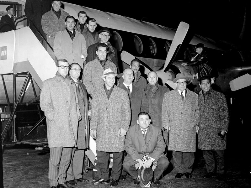 Utrecht Football players and officials arrive at Turnhouse for a game with Hibs in December 1962.