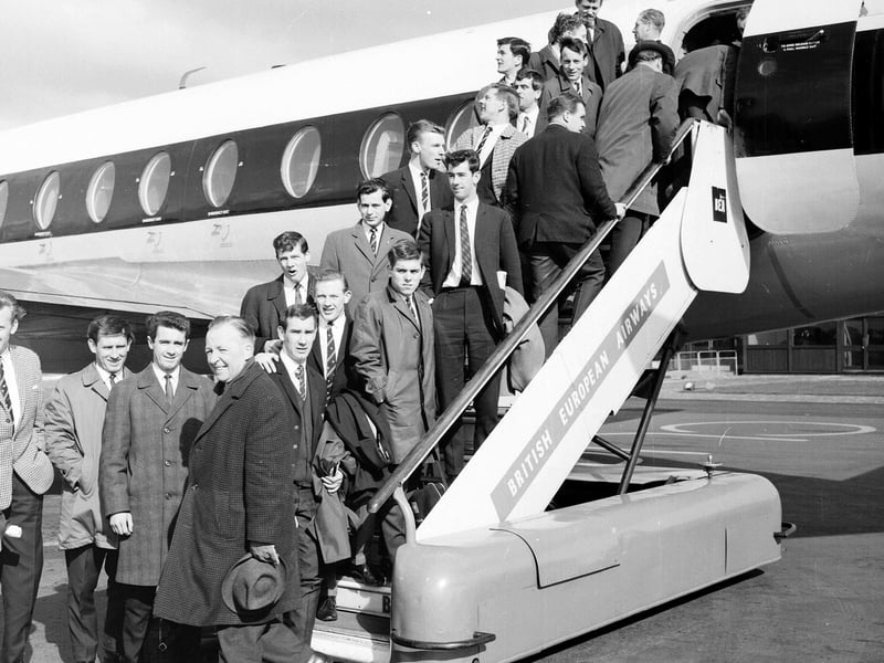 The Dunfermline football team leave Turnhouse Airport for Saragossa in March 1966.