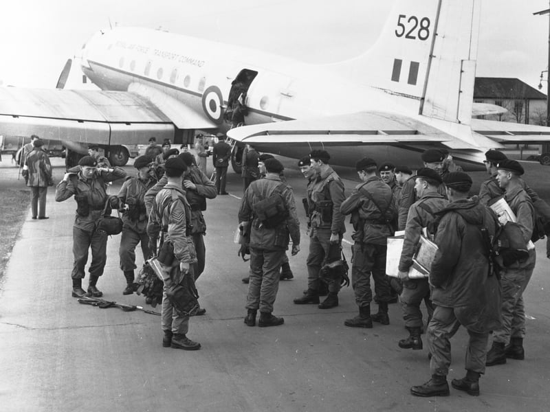 The British Army arrive at Turnhouse airport from their tour of Northern Ireland in March 1966.