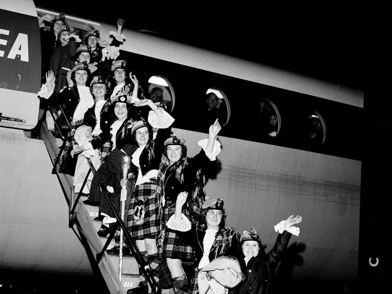 Jean Carnie Ladies Pipe Band leave Turnhouse for France in November 1963.