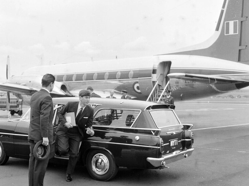 Prince Charles gets out of the car at Turnhouse Airport to return to Gordonstoun in June 1965.