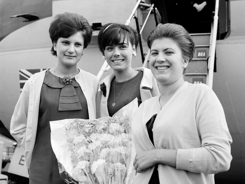 French Beauty Queen Francoise Desachy from the twin town of Chapigny arrives at Turnhouse for Musselburgh's Festival Week in July 1965.