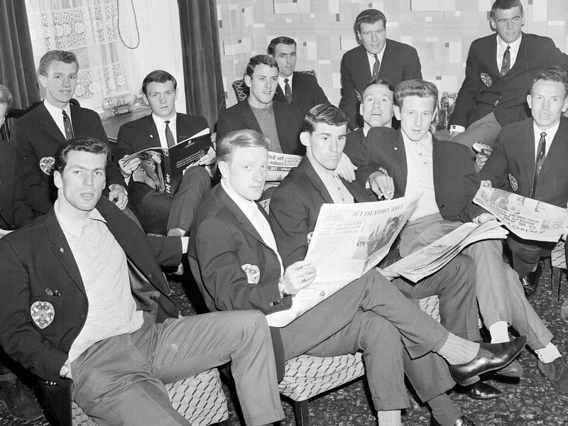 The Hearts football team at Turnhouse Airport before leaving for Norway in June 1965.