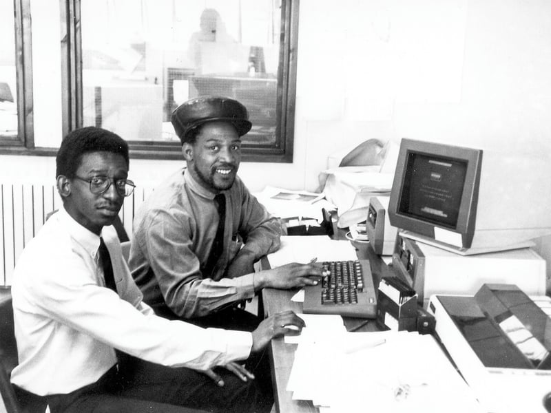 Jeoffrey 'Scully' Walwyn and David Phillips who had recently completed a one-year course in Computer Studies at Technorth in Harrogate Road. Pictured in October 1986.