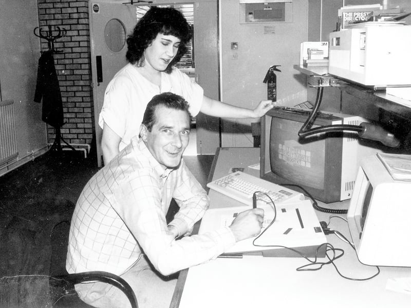 Mike Carter of Picture Box, based at Technorth's new premises in Harrogate Road. With him is Technorth student, Jayne David who had embarked on a work placement with Picture Box. Pictured in October 1986.
