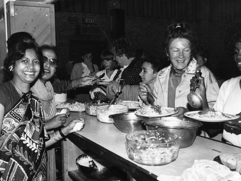 Some of the 250 people who attended the Sikh Centre in Chapeltown Road to take part in the Community Lunch in July 1989 and sample the vegetarian menu. It was an event organised by the Leeds 100k club, a black organisation dedicated to raising £100,000 for the 'Give For Life Appeal.'