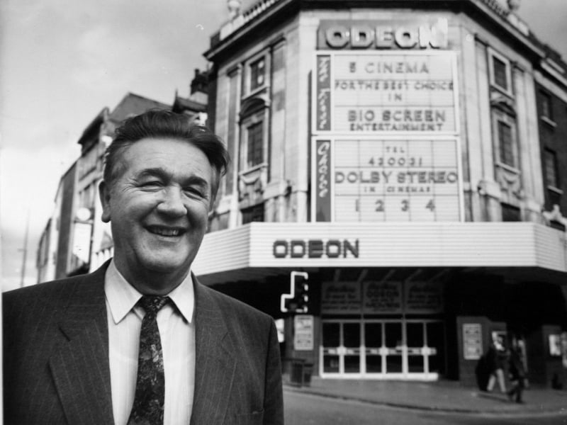 Alan Thornton pictured outside the Odeon cinema, on the corner of New Briggate and The Headrow, in March 1993, upon his retirement as manager after 24 years