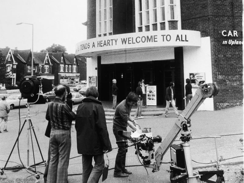 Filming for the children's TV show 'The Way We Used To Live', outside the Clock Cinema, Roundhay, in June 1981