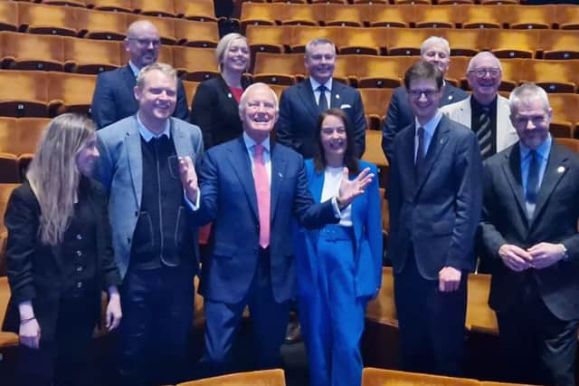 Barry Hearn, centre, celebrates the deal to keep World Snooker at The Crucible in Sheffield.