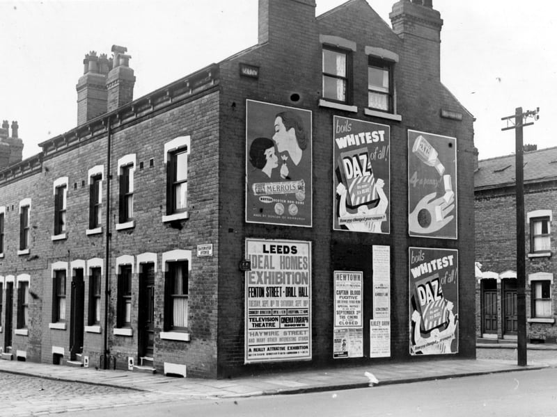Looking south-east at numbers 9 to 13 Bayswater Avenue from Gledhow Road in September 1953.