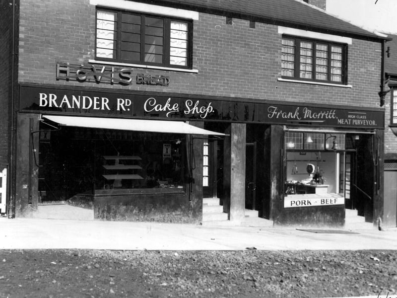 59 Brander Road which is Brander Road Cake shop and the premises of Mrs L. Rudge. Next door at 61 is Frank Morritt, butchers. Pictured in March 1937.