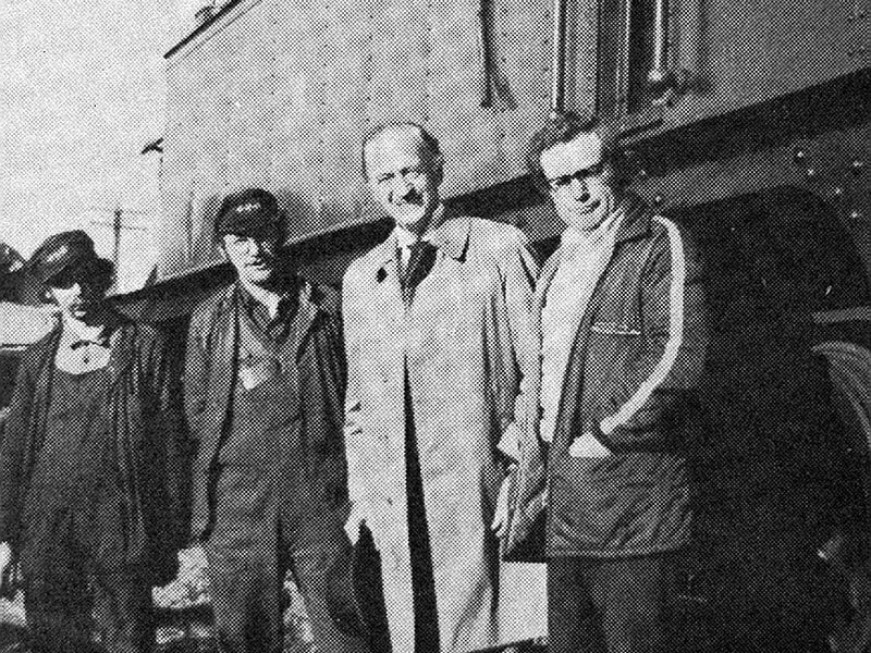 Film star David Niven, third from left, during filming of 'Candleshoe' on the Severn Valley Railway, on November 3, 1976.