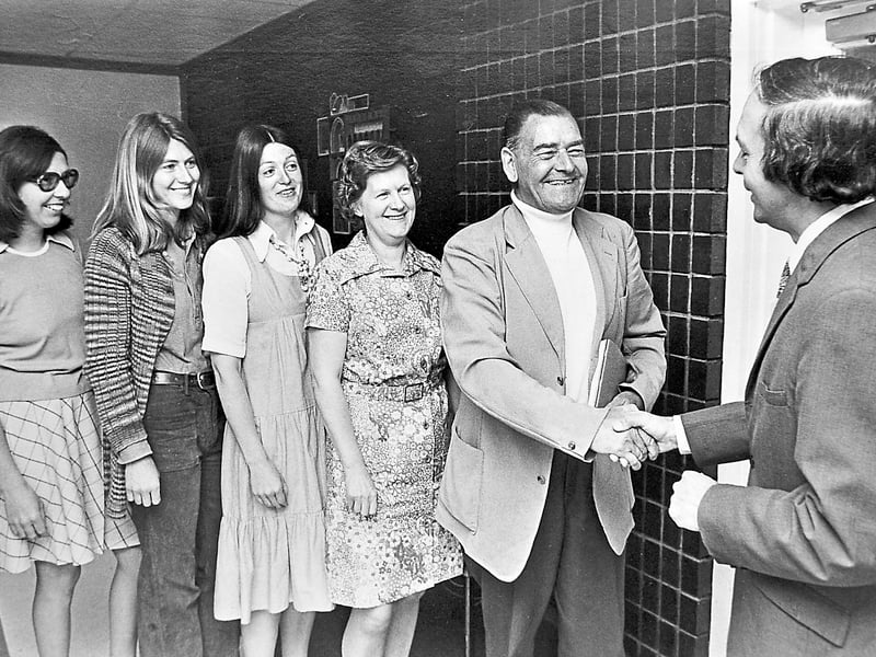The original caption reads: 'Six teachers are leaving Dark Lane, Broseley, Primary School at the end of this term. Here with the headmaster Mr Philip Spearman (right) are five of them. From left, Mrs Susan Parsons, Mrs Eileen Newton, Mrs Teresa Cunningham, Mrs Pat Humphries, and Mr W F R Miles.' June 14, 1976.