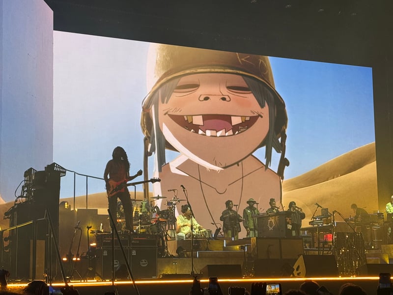 The band's four animated members - 2-D, Murdoc, Noodle and Russel Hobbs - appeared on screen throughout the gig.