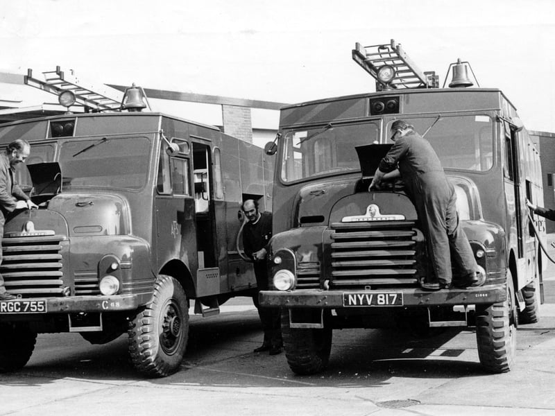 Workshop staff at Shrewsbury Fire Station prepare a Green Goddess fire engine for service for use during the drought of 1976 after the fire service had its busiest day ever with a record number of calls, committing every machine in the county. This picture dates from about August 24, 1976.