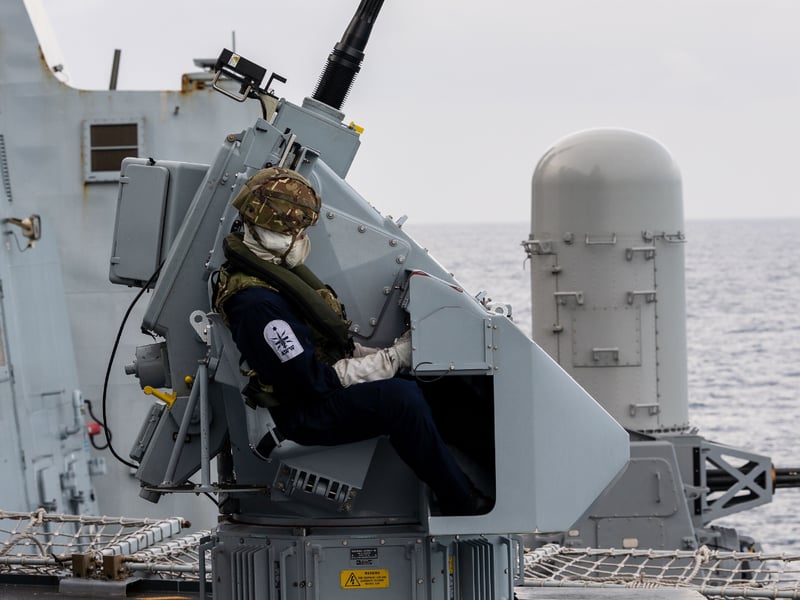 HMS Dragon conducting Gunnery serials at sea using the ships 4.5 gun, 30mm and phalanx weaponry as part of Fleet Operational Standards and training exercises.