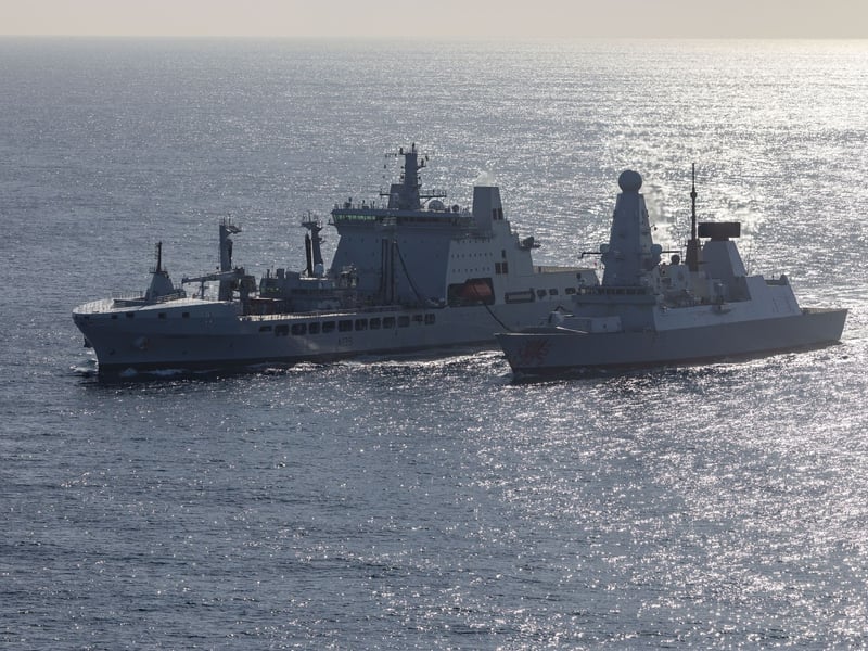 HMS dragon en-route to Cyprus. Pictured: 18 Mar 2026 - HMS Dragon (right) conducting a Replenishment at Sea with RFA Tideforce whilst undergoing Fleet Operational Standards and Training.
