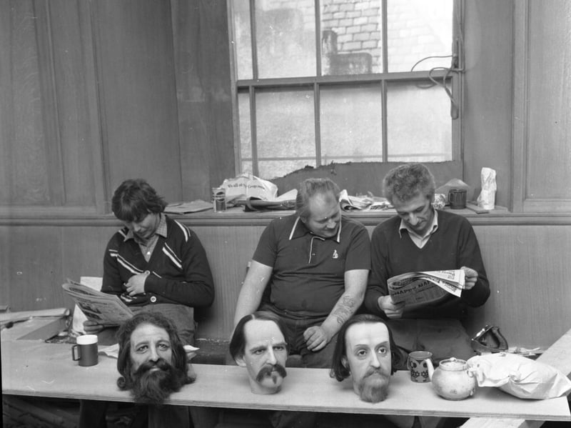 Workers share their lunch with Macbeth, Robert Louis Stevenson and King James VI at the new Edinburgh Waxwork Museum, ahead of its opening in 1976